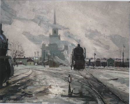 Ф.И. Суханов «Железная дорога. Зима. Станция Сталинград – 1» 1958 г. Картон, масло.